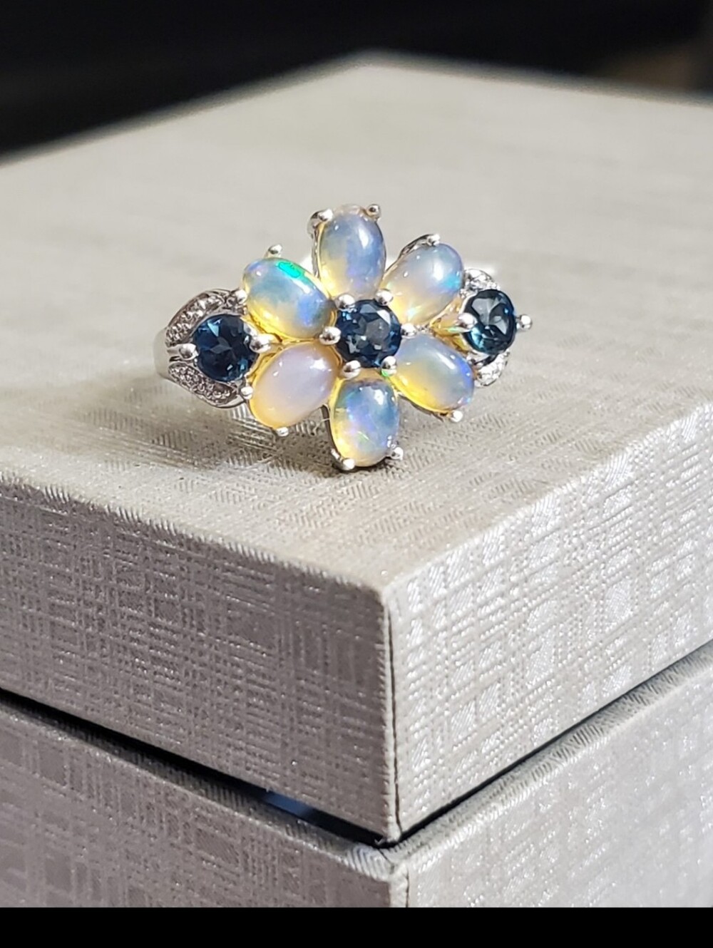 New with tags. Opal & blue spinel ring size 9. Set in solid sterling silver stam